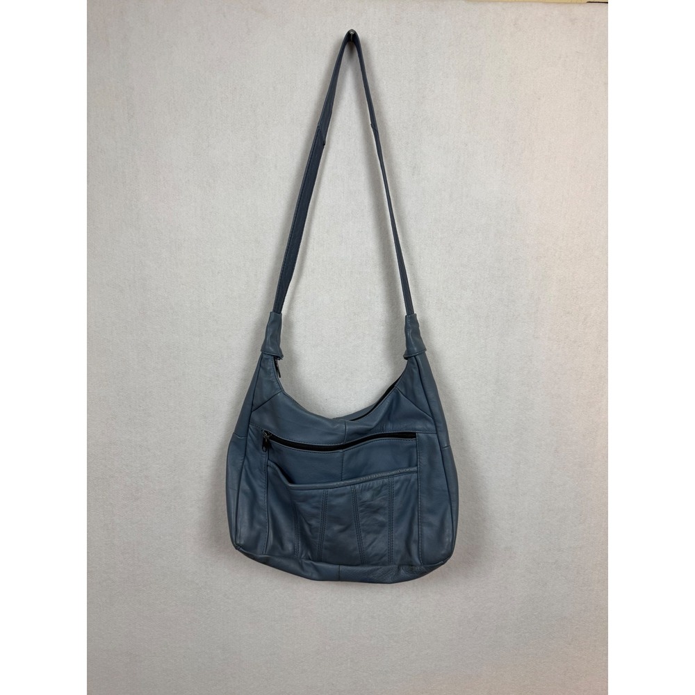 Vintage Slouchy Blue Leather Hobo Shoulder Bag Made in Mexico Crossbody Purse